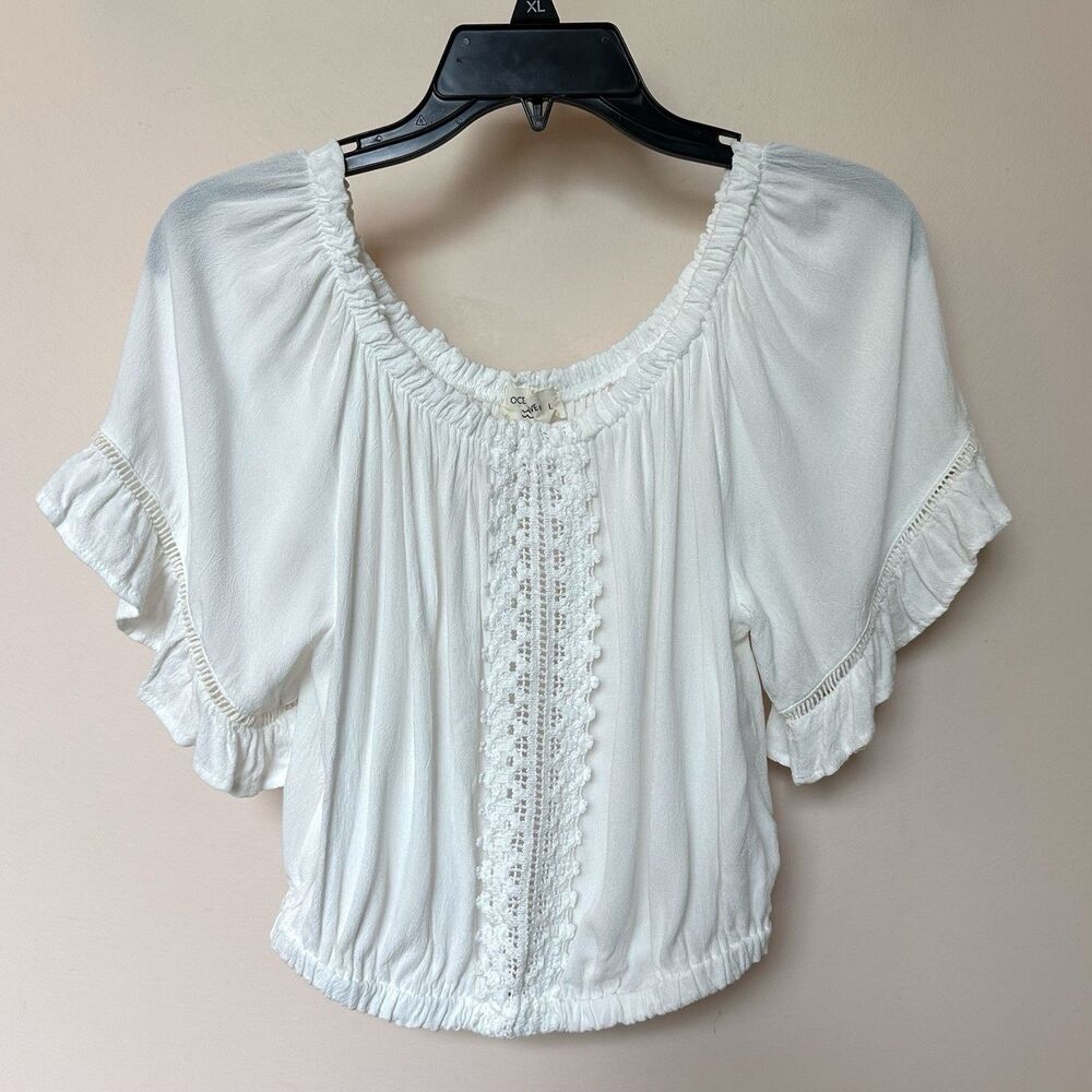 Ocean Drive Crop Top Women’s Lg White Crochet Boho Cottage Shabby Chic